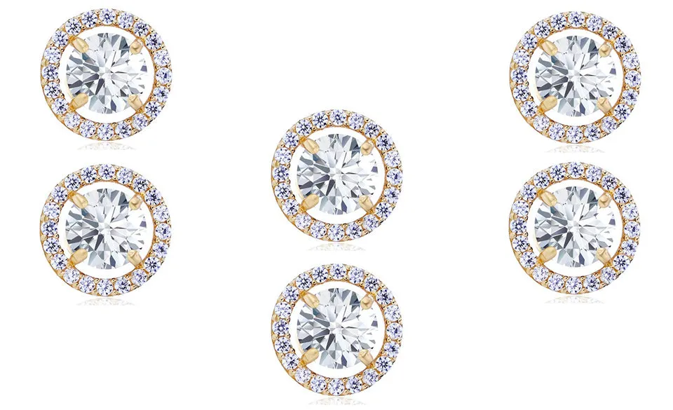 18k Yellow Gold Plated 4mm 2Ct Round White Sapphire Set of Three Halo Stud Earrings