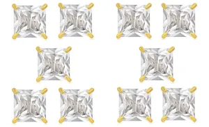 18k Yellow Gold Plated 6mm 1/2Ct Square Cut White Sapphire Set Of Five Stud Earrings