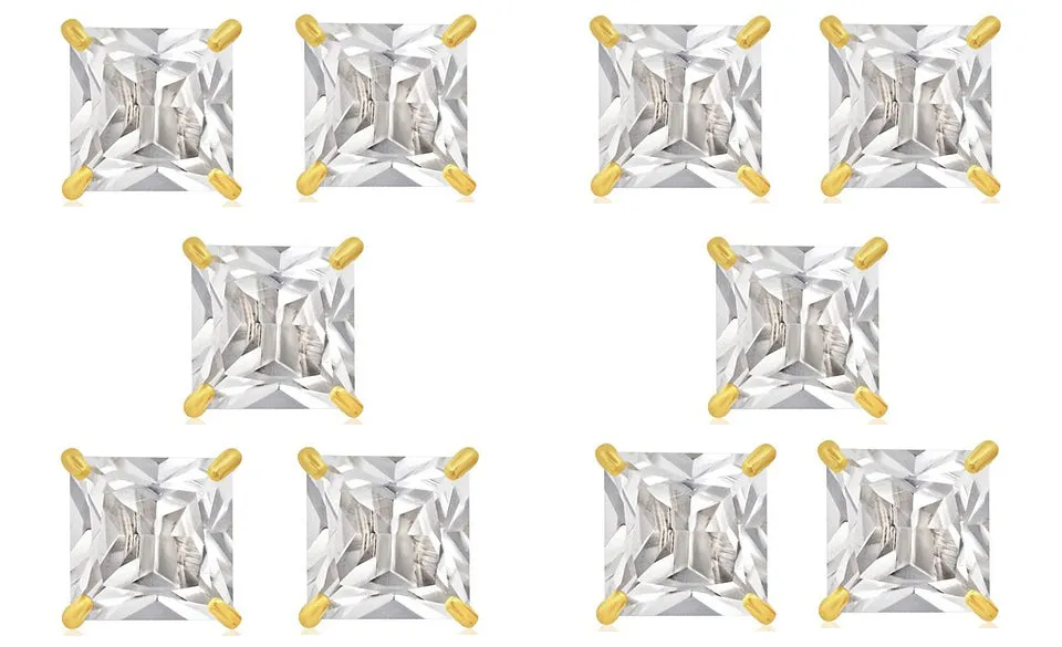 18k Yellow Gold Plated 6mm 1/2Ct Square Cut White Sapphire Set Of Five Stud Earrings