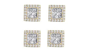 18k Yellow Gold Plated 6mm 2Ct Square Cut White Sapphire Set of Two Halo Stud Earrings