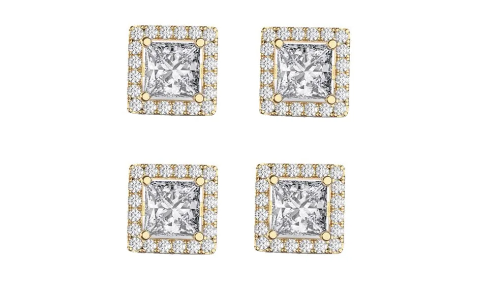 18k Yellow Gold Plated 6mm 2Ct Square Cut White Sapphire Set of Two Halo Stud Earrings