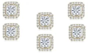 18k Yellow Gold Plated 6mm 3Ct Princess Cut White Sapphire Set of Three Halo Stud Earrings