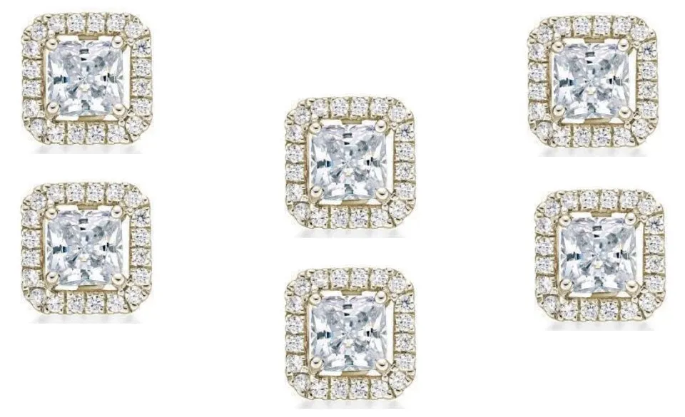 18k Yellow Gold Plated 6mm 3Ct Princess Cut White Sapphire Set of Three Halo Stud Earrings