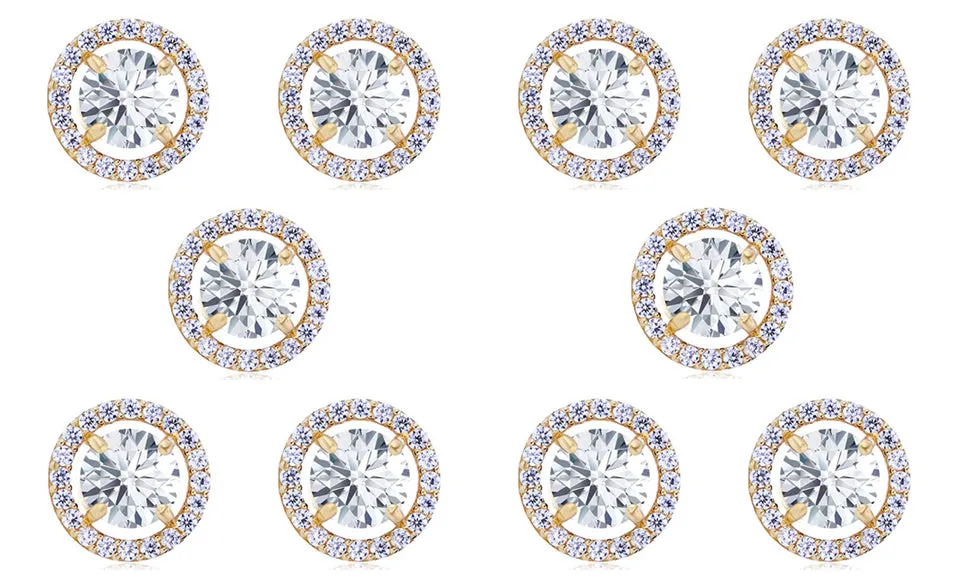 18k Yellow Gold Plated 6mm 3Ct Round White Sapphire Set Of Five Halo Stud Earrings