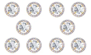 18k Yellow Gold Plated 6mm 3Ct Round White Sapphire Set Of Five Halo Stud Earrings