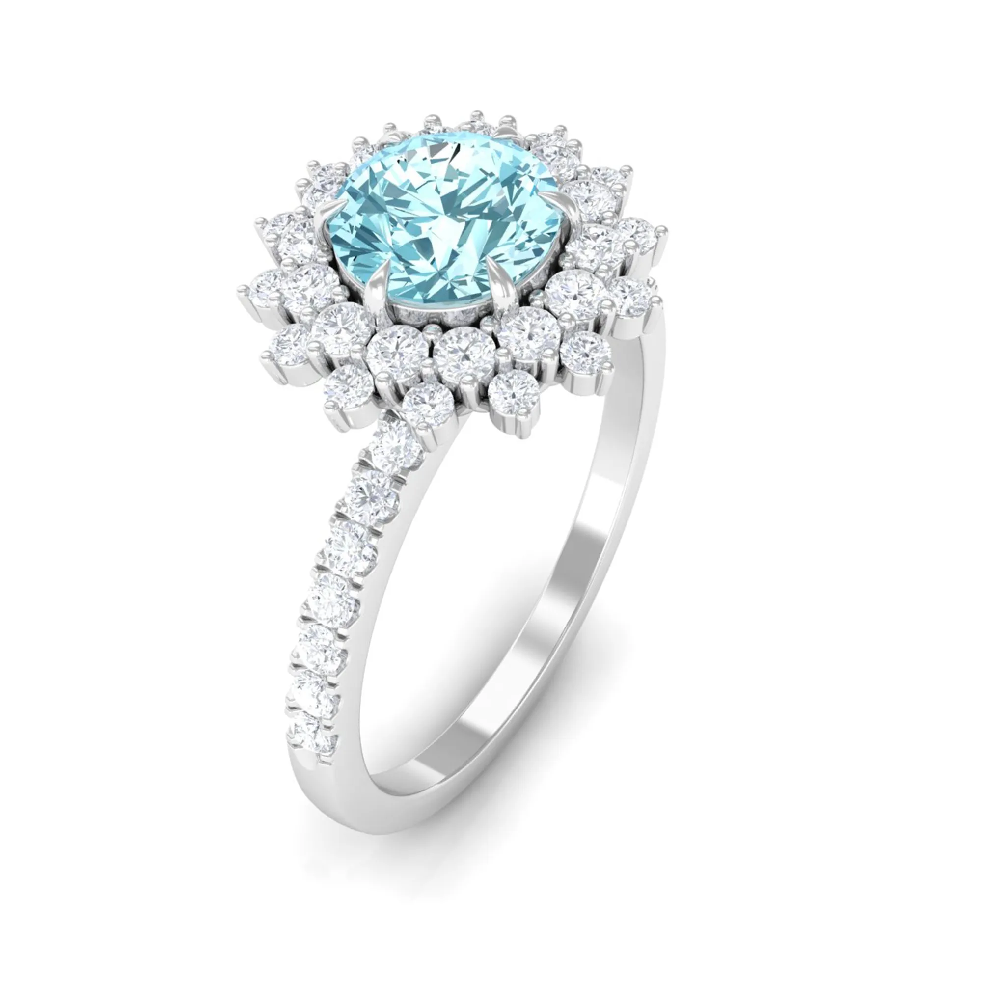2 CT Round Aquamarine Statement Engagement Ring with Moissanite