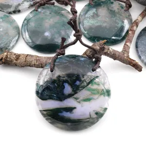 2 Hole Pendant Large Natural Green Moss Agate Circular Round Pendant Gemstone Focal Bead A7