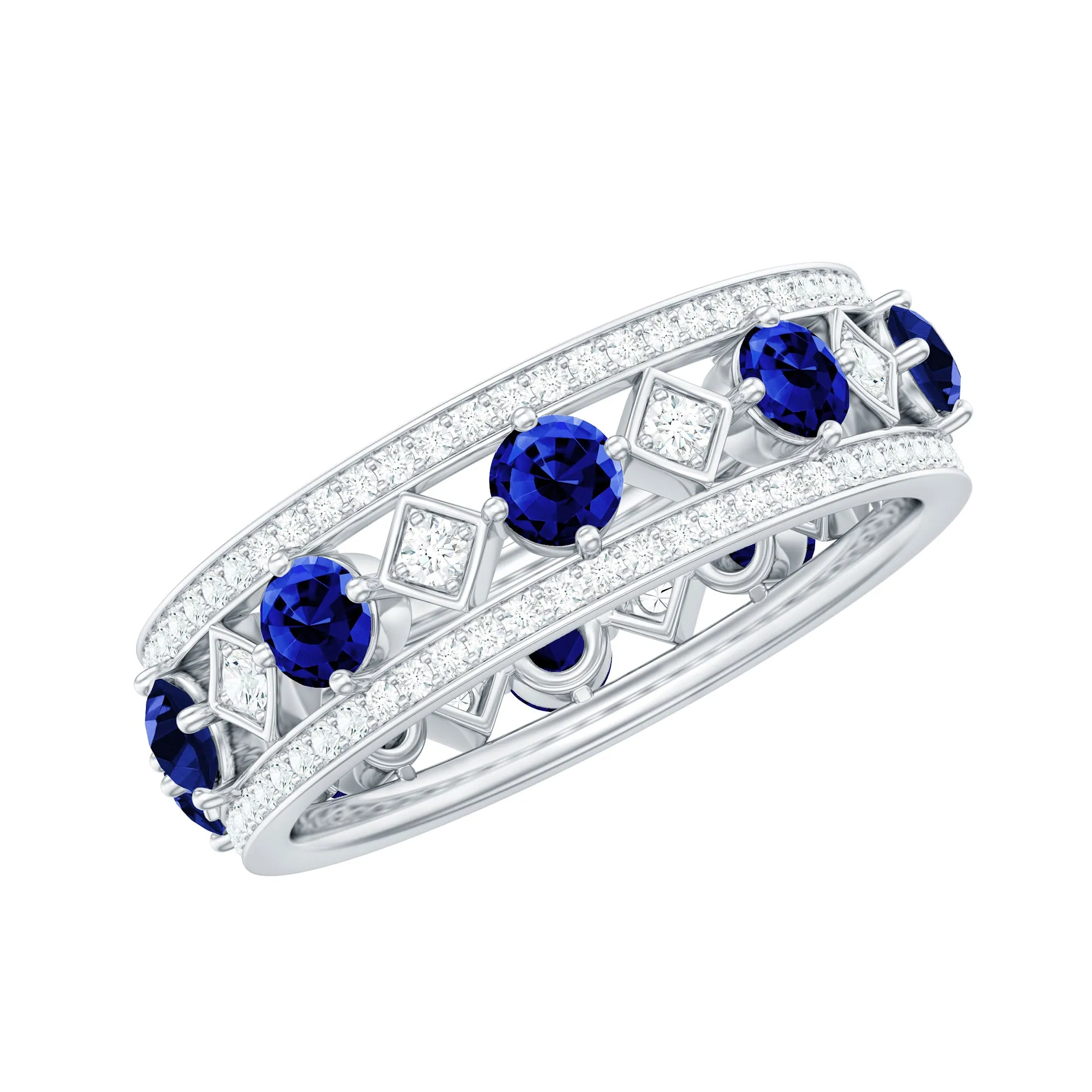 2.25 CT Created Blue Sapphire and Diamond Vintage Wedding Band Ring