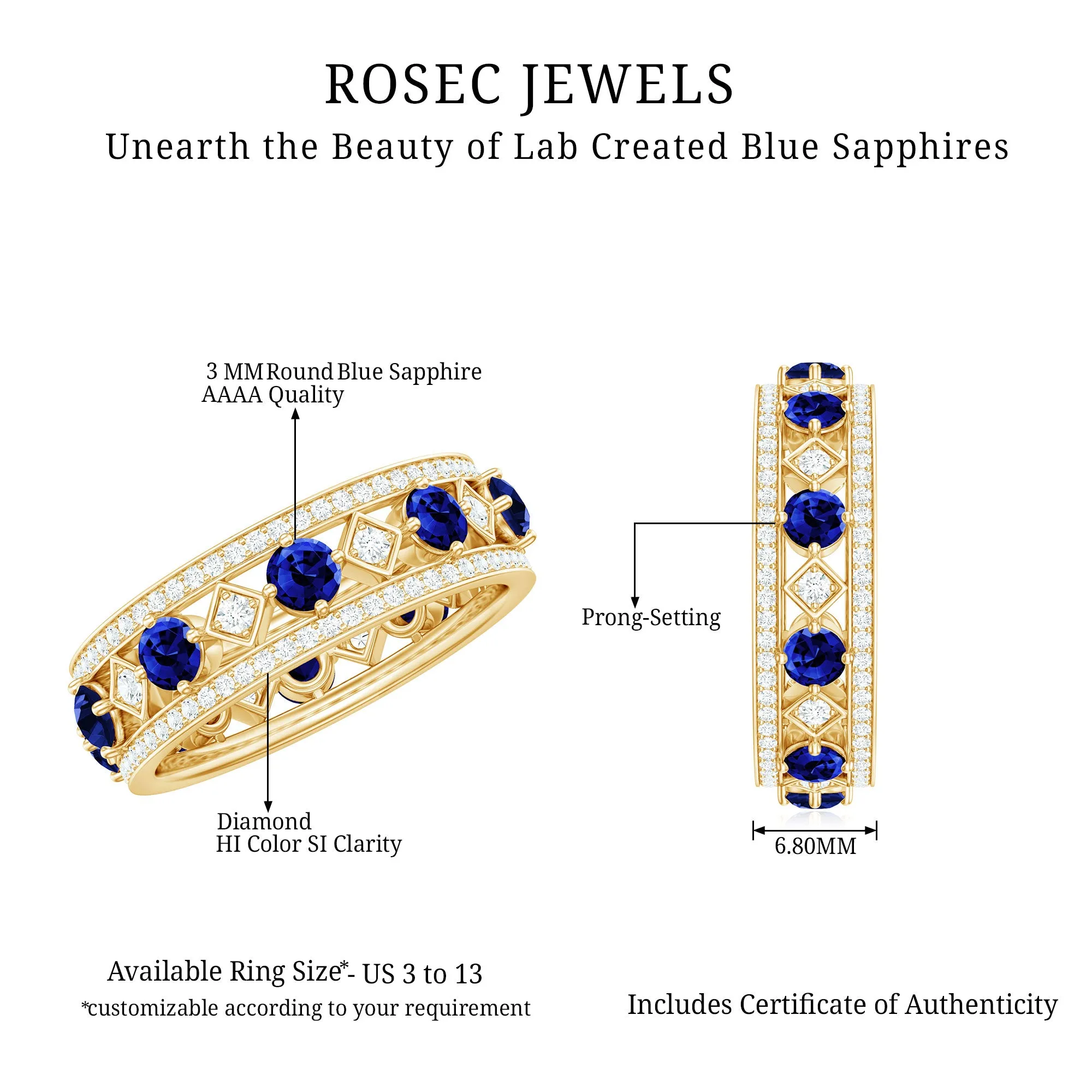 2.25 CT Created Blue Sapphire and Diamond Vintage Wedding Band Ring