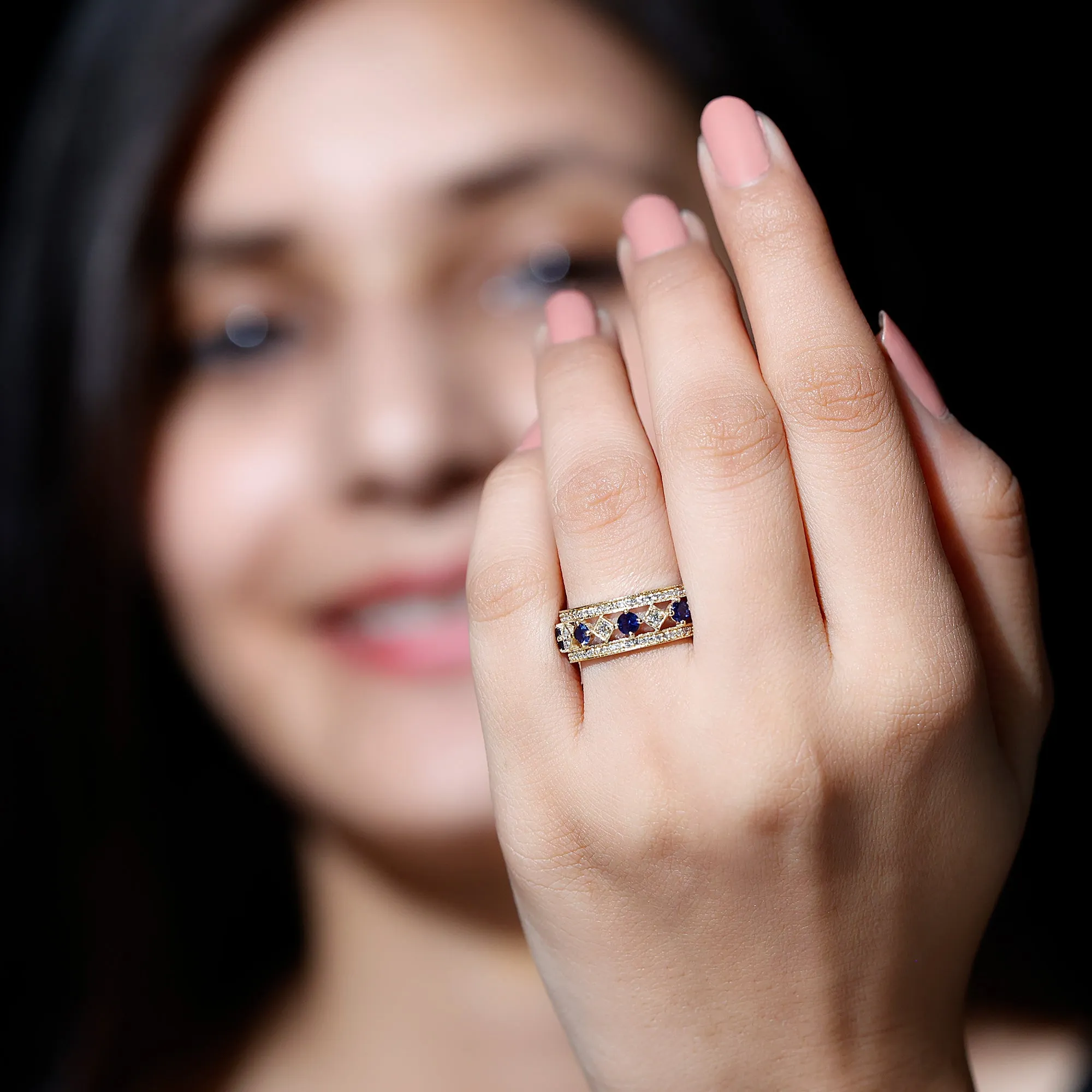 2.25 CT Created Blue Sapphire and Diamond Vintage Wedding Band Ring
