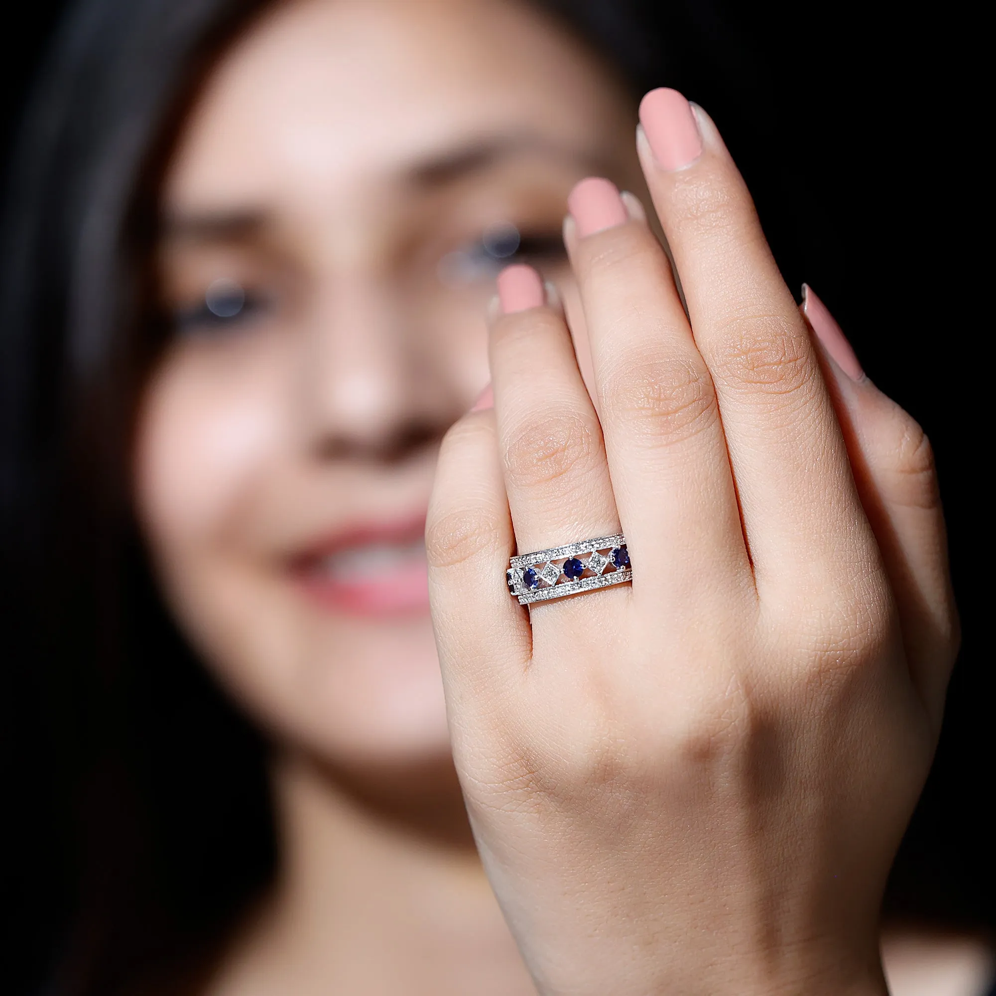 2.25 CT Created Blue Sapphire and Diamond Vintage Wedding Band Ring