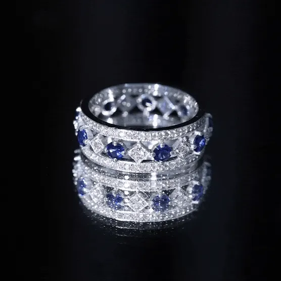2.25 CT Created Blue Sapphire and Diamond Vintage Wedding Band Ring