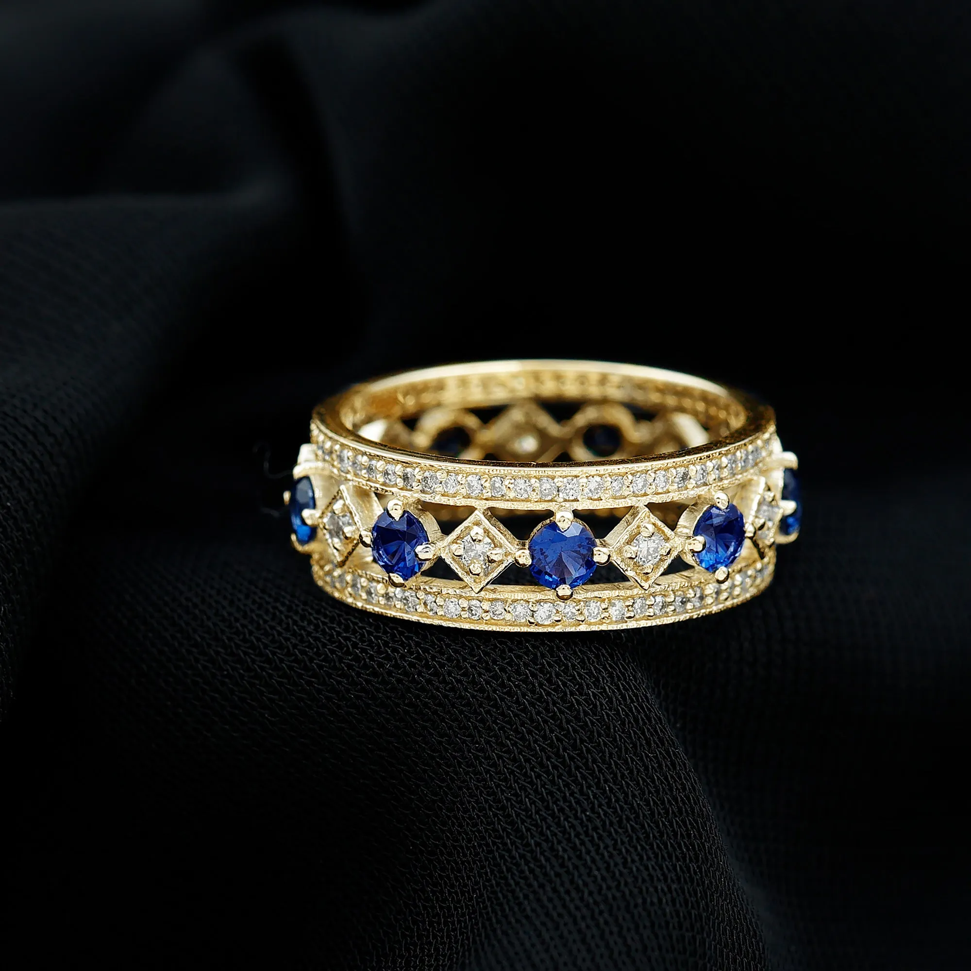 2.25 CT Created Blue Sapphire and Diamond Vintage Wedding Band Ring