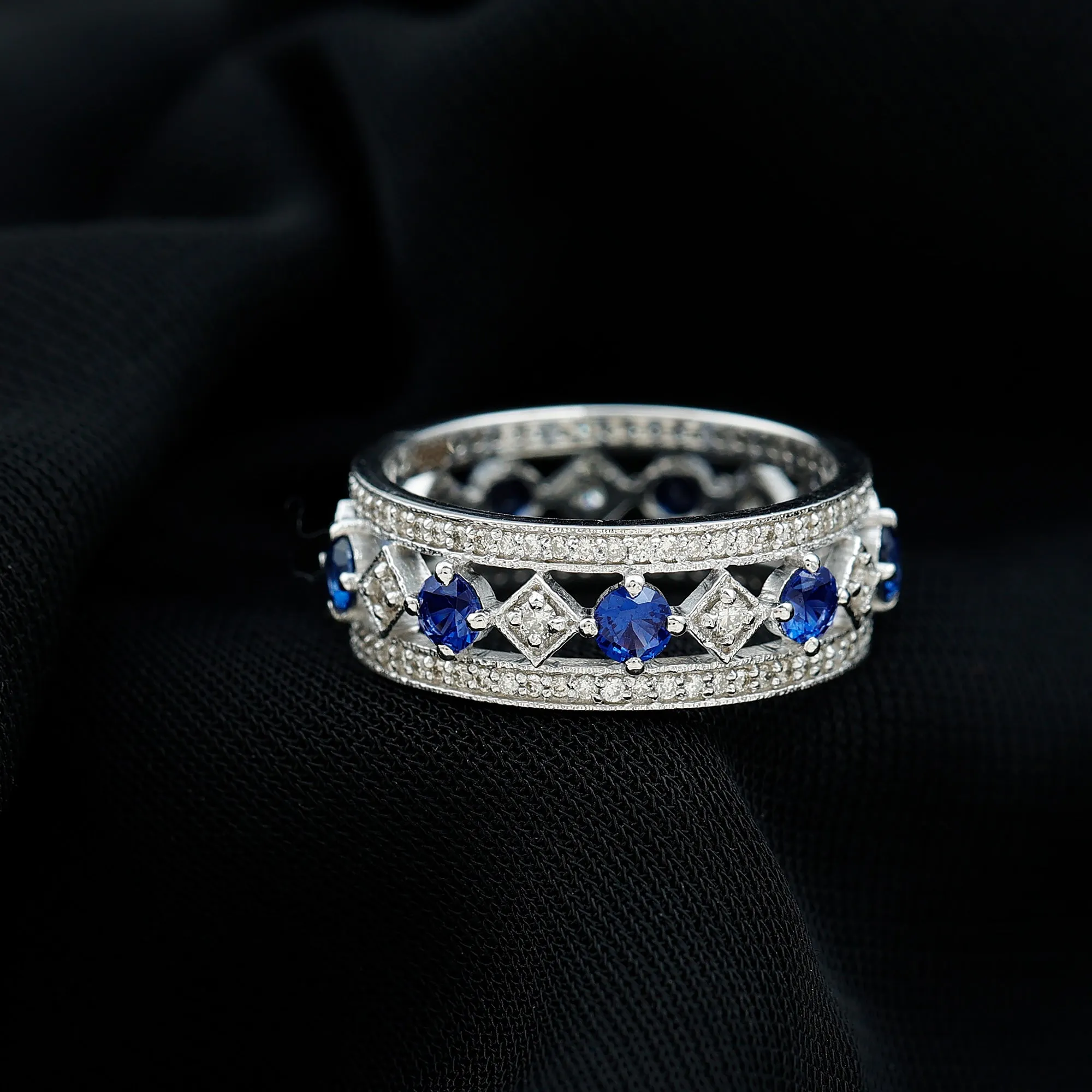 2.25 CT Created Blue Sapphire and Diamond Vintage Wedding Band Ring