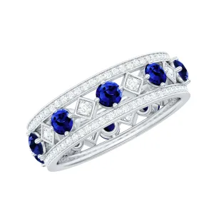 2.25 CT Created Blue Sapphire and Diamond Vintage Wedding Band Ring