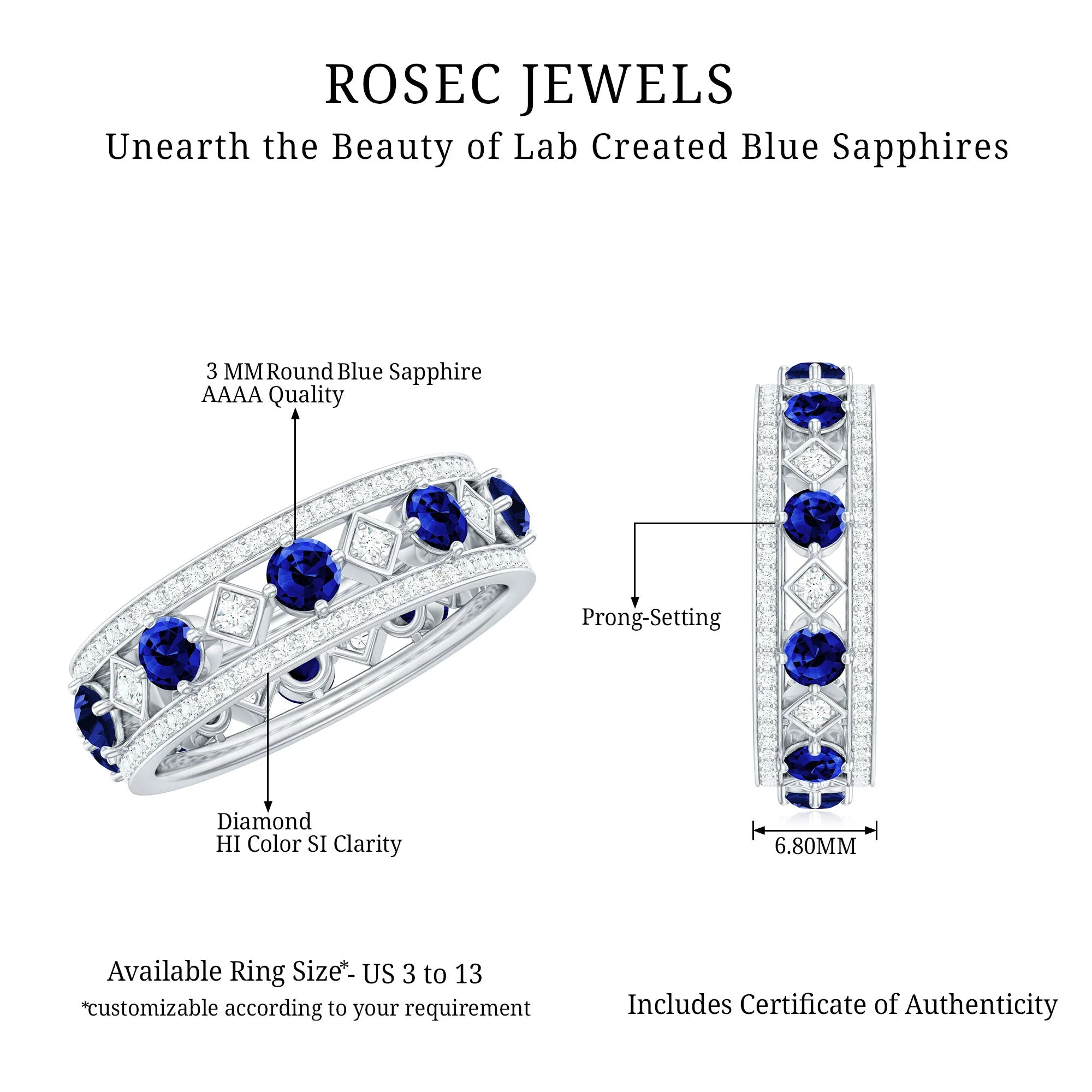2.25 CT Created Blue Sapphire and Diamond Vintage Wedding Band Ring