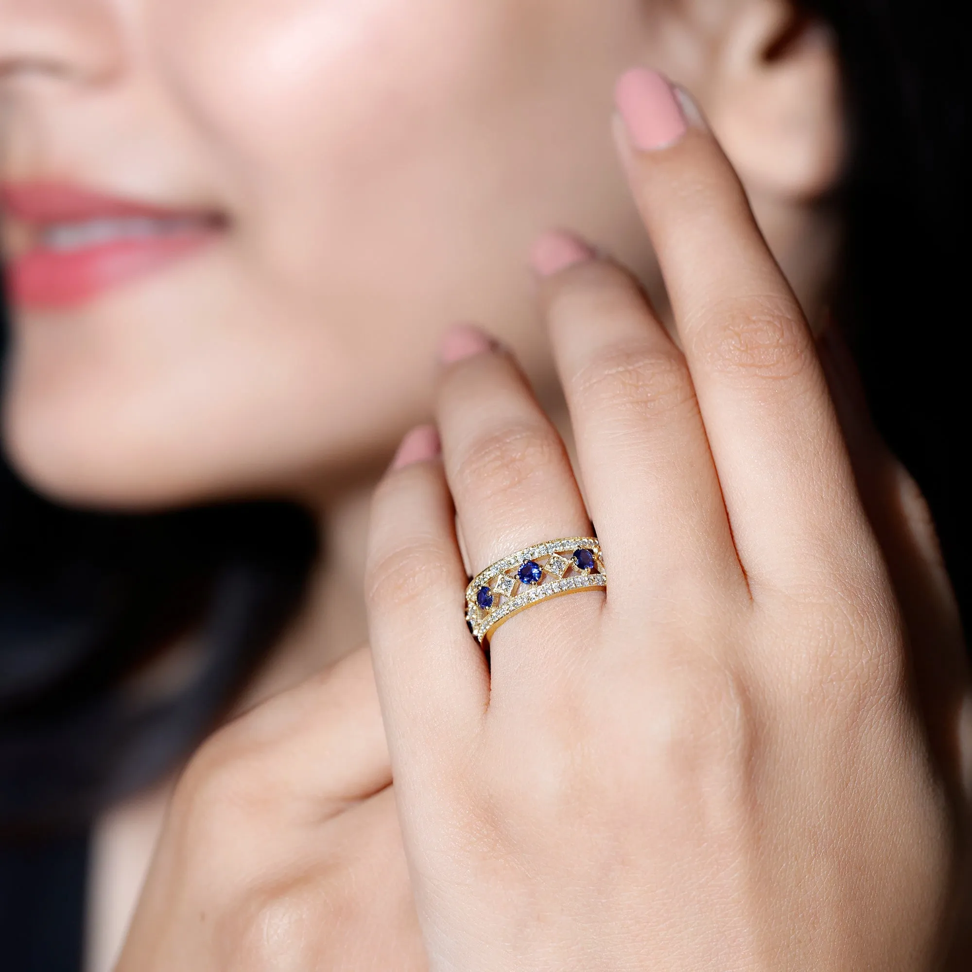2.25 CT Created Blue Sapphire and Diamond Vintage Wedding Band Ring