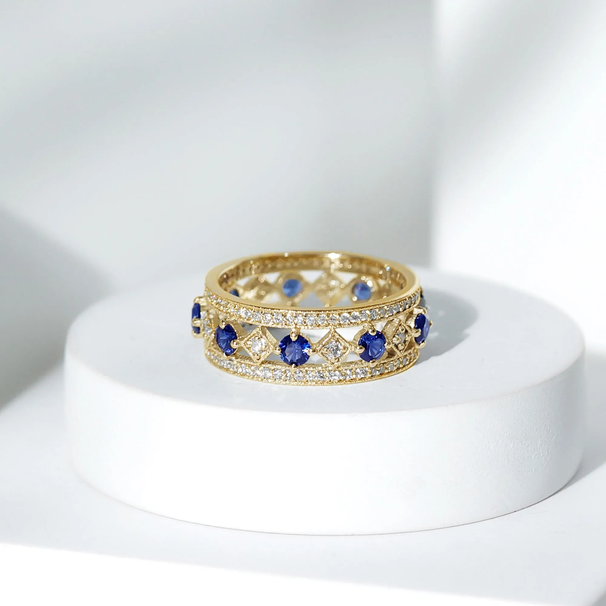 2.25 CT Created Blue Sapphire and Diamond Vintage Wedding Band Ring