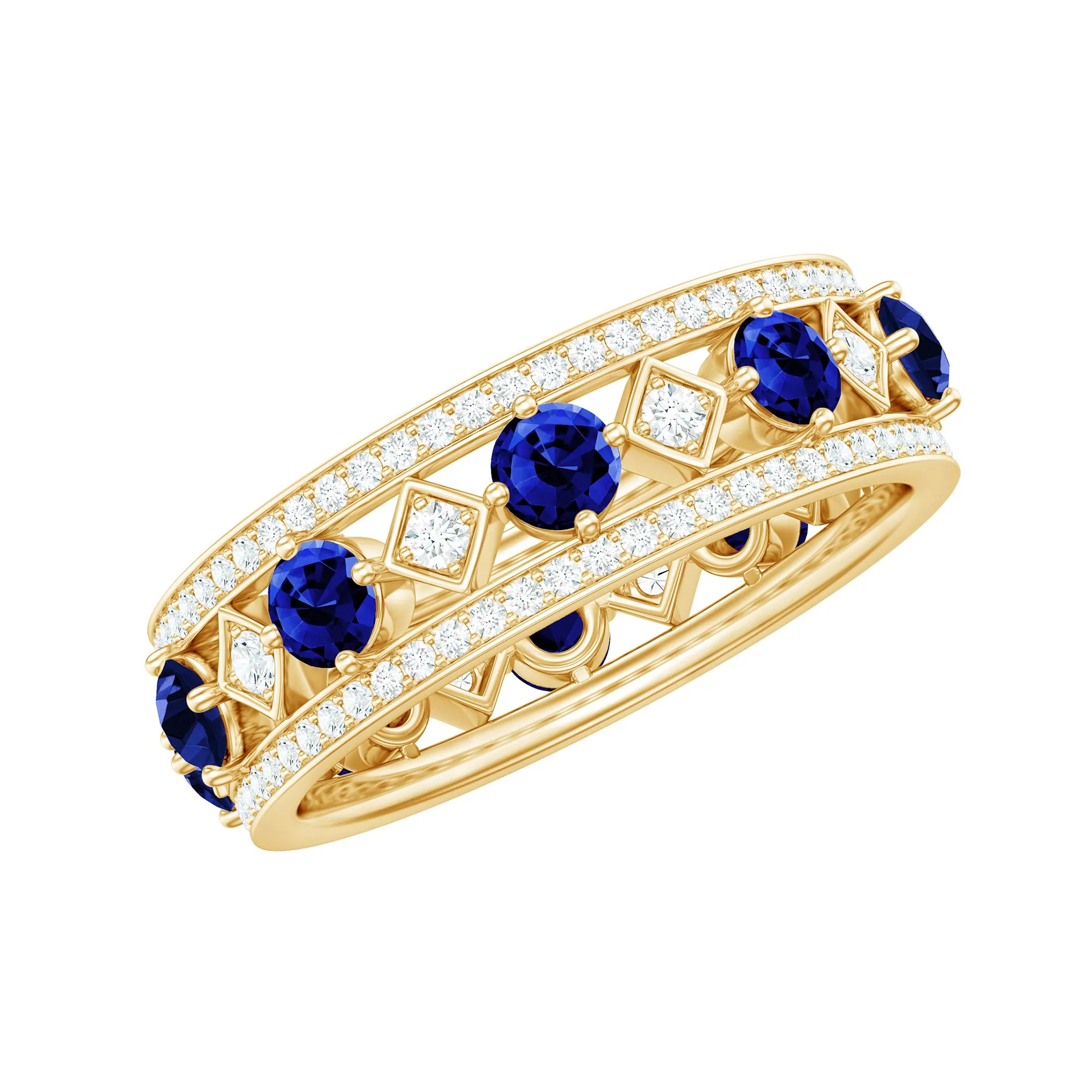 2.25 CT Created Blue Sapphire and Diamond Vintage Wedding Band Ring