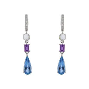 3.17ct Pear Shaped Aquamarine 0.87ct Pink Sapphire and 0.44ct Diamond Drop Earrings in 18K White Gold