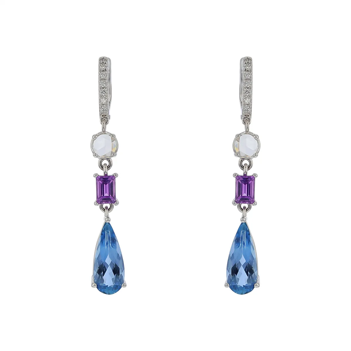 3.17ct Pear Shaped Aquamarine 0.87ct Pink Sapphire and 0.44ct Diamond Drop Earrings in 18K White Gold