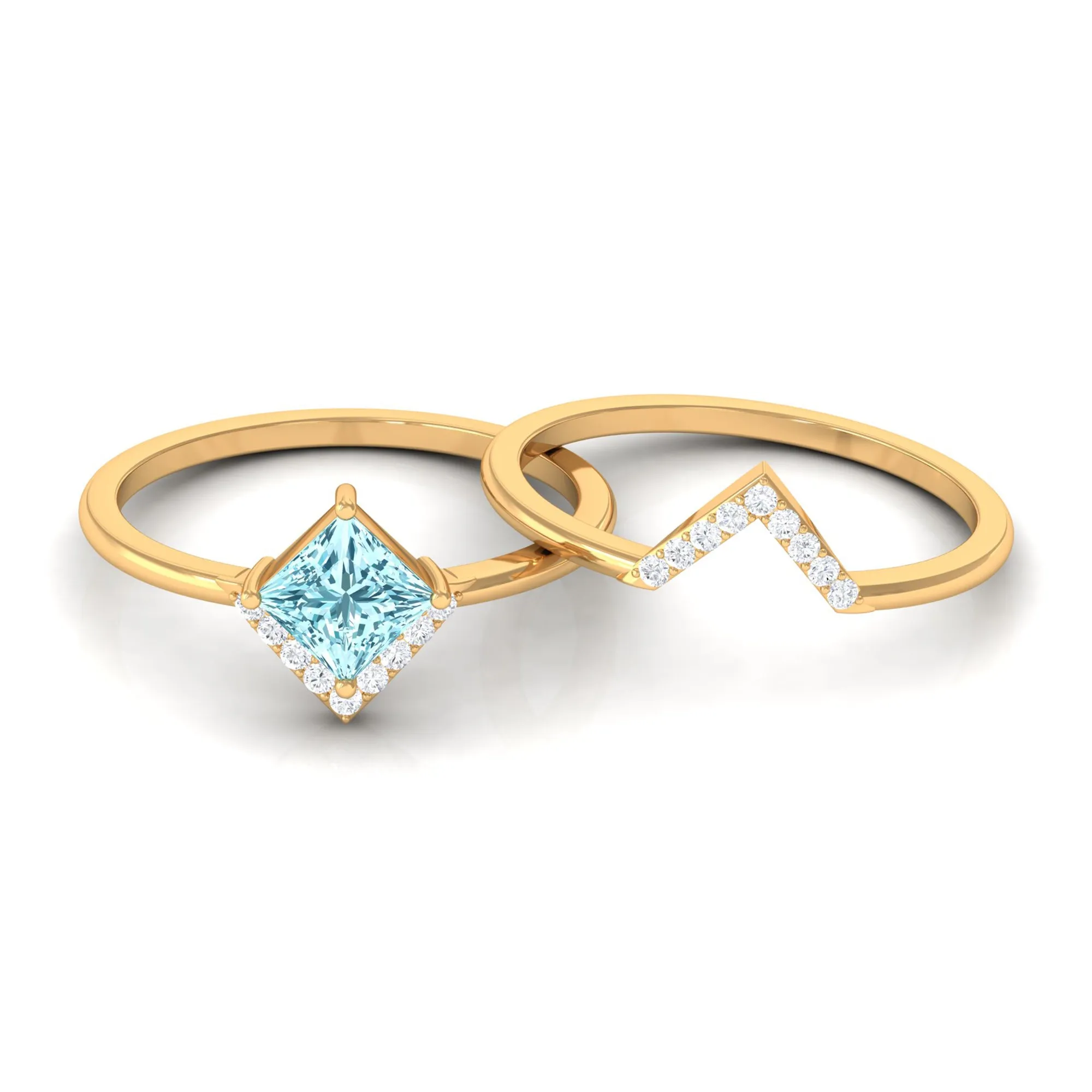 3/4 CT Minimal Princess Cut Aquamarine and Diamond Engagement Enhancer Ring Set