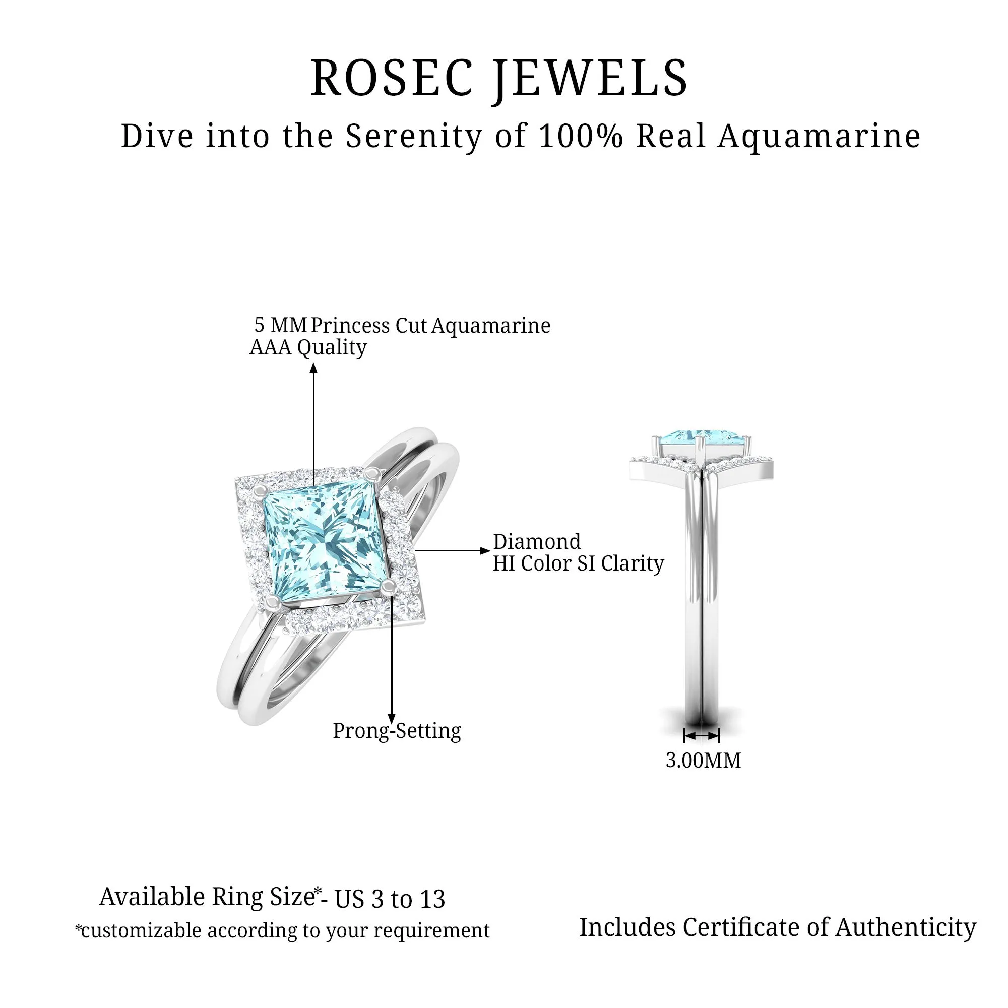 3/4 CT Minimal Princess Cut Aquamarine and Diamond Engagement Enhancer Ring Set