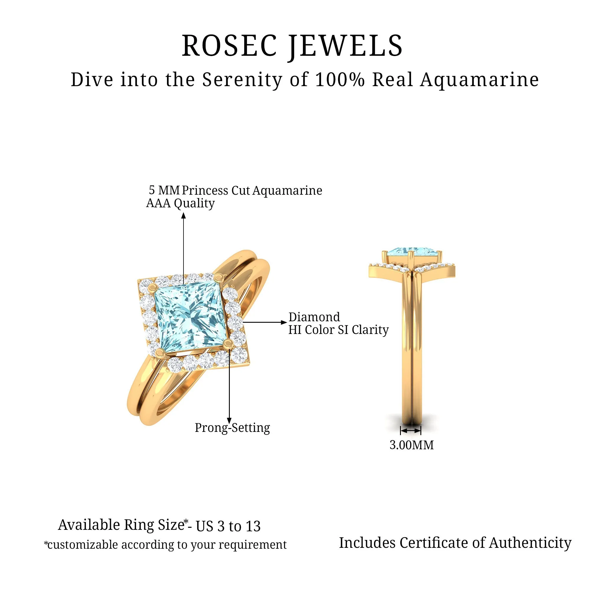 3/4 CT Minimal Princess Cut Aquamarine and Diamond Engagement Enhancer Ring Set