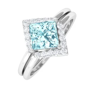 3/4 CT Minimal Princess Cut Aquamarine and Diamond Engagement Enhancer Ring Set