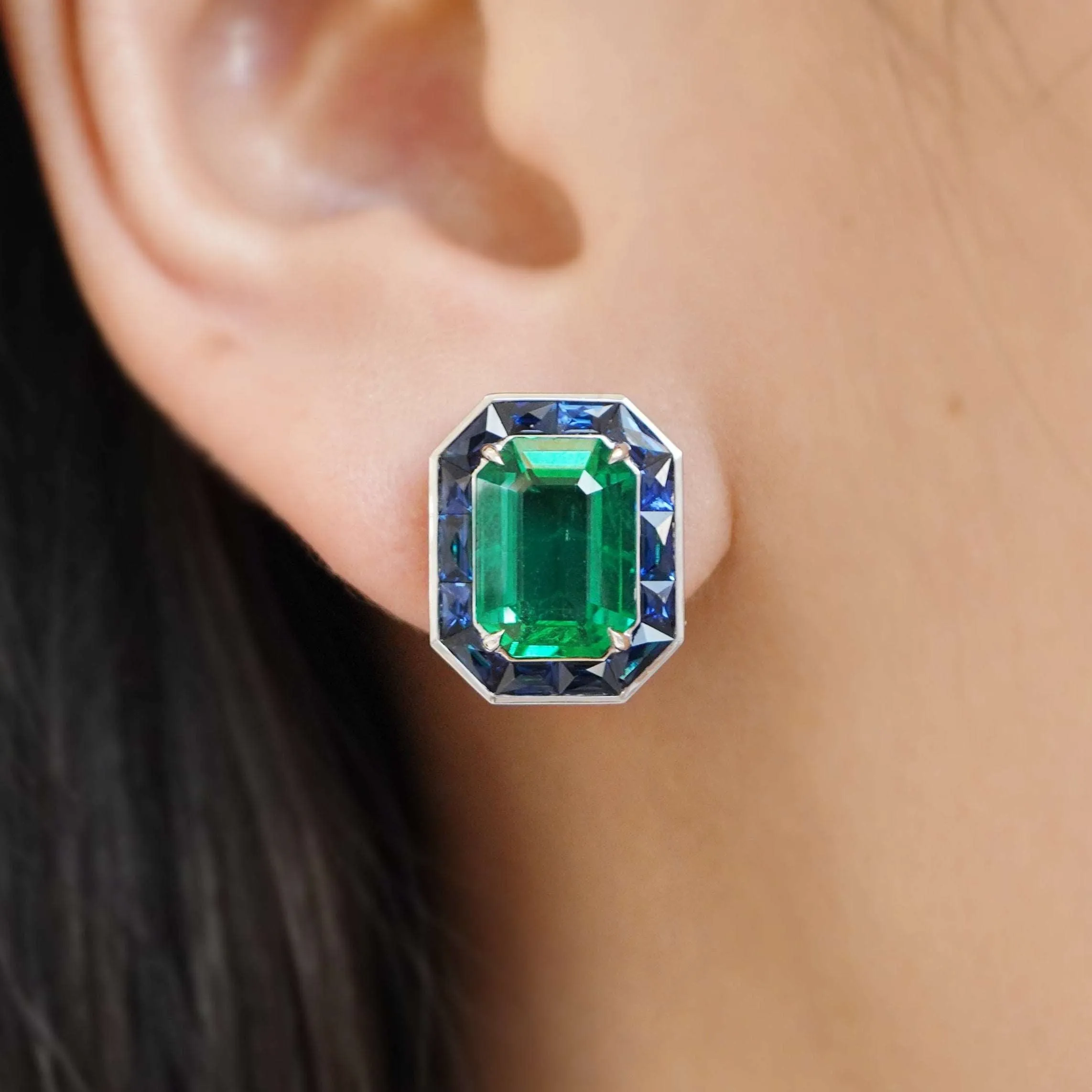 3.937 / 3.437 / 2.35 cts Emerald With Baguette Sapphire Earrings