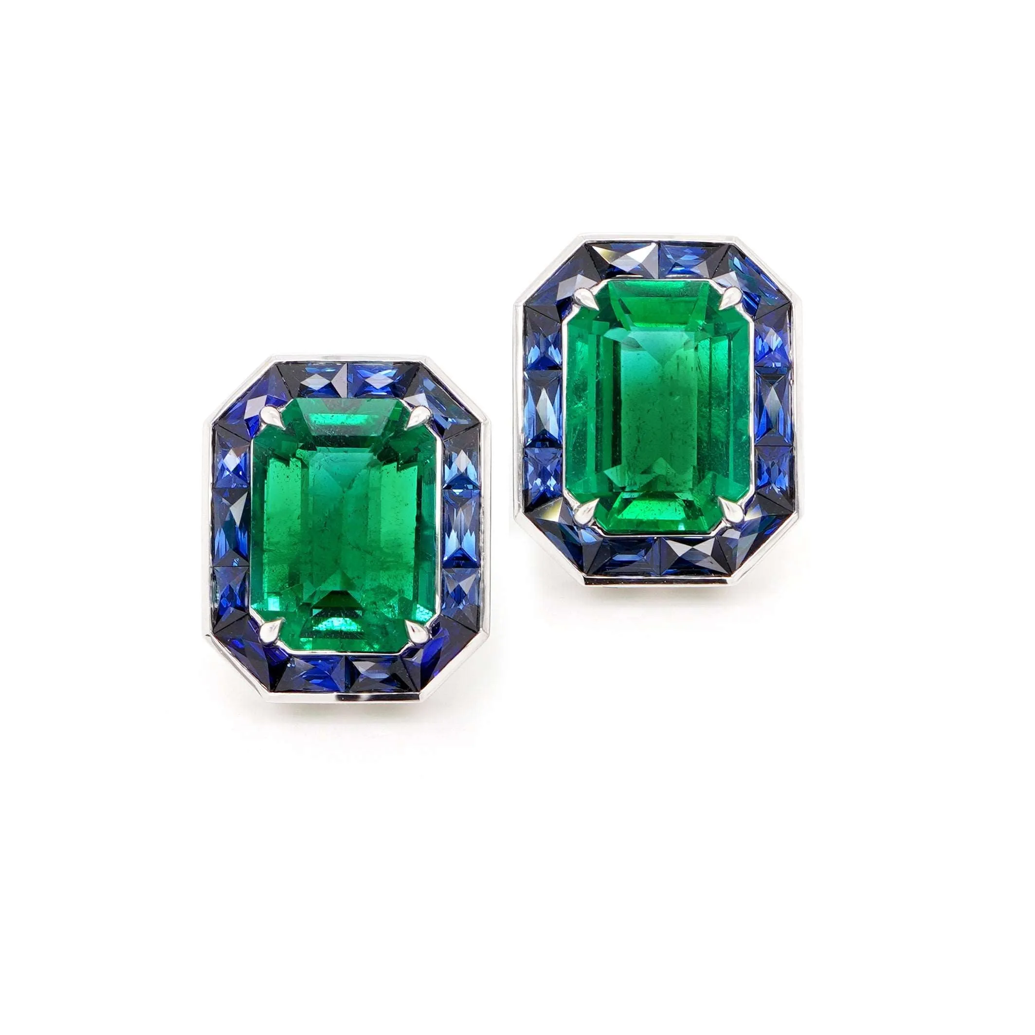 3.937 / 3.437 / 2.35 cts Emerald With Baguette Sapphire Earrings