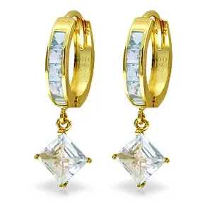 4 Carat 14K Solid Yellow Gold Hoop Earrings Dangling Aquamarine