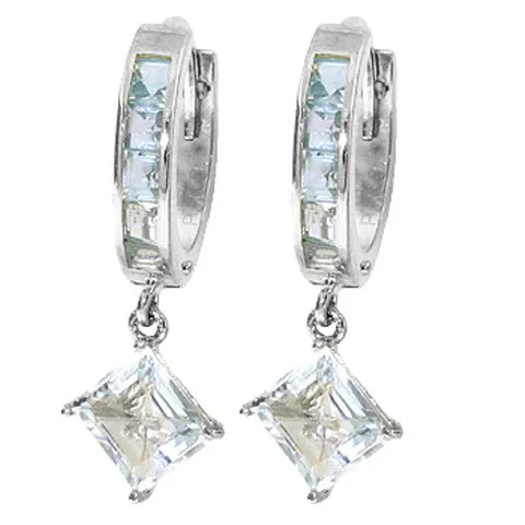 4 Carat 14K Solid Yellow Gold Hoop Earrings Dangling Aquamarine