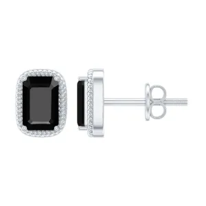 4X6 MM Octagon Cut Black Onyx Solitaire Stud Earring in 4 Prong Setting with Silver Twisted Rope Frame