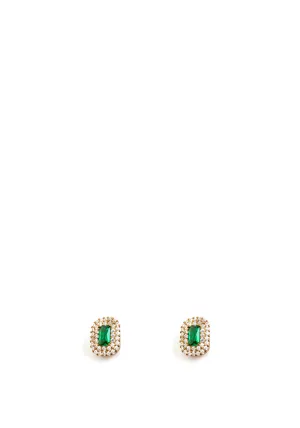9 Carat Gold CZ Rectangular Emerald Green Halo Stud Earrings, Gold