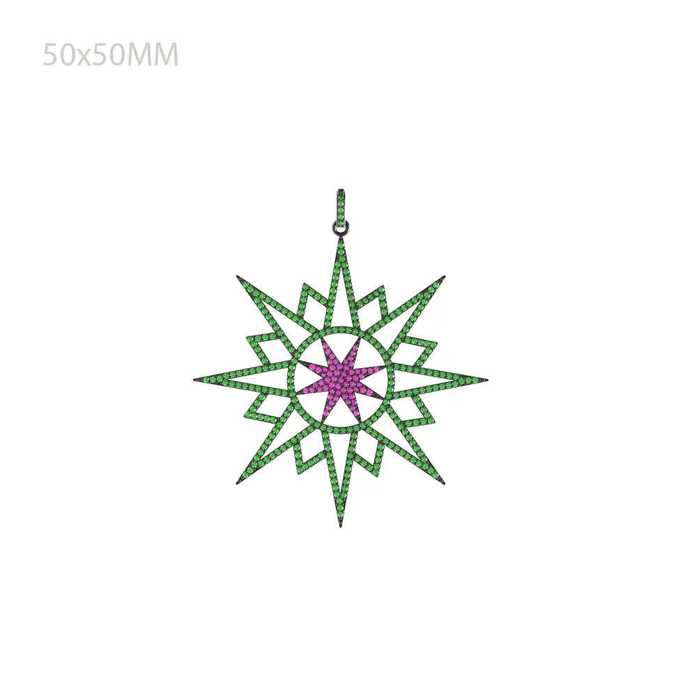 925 Silver Green Chrome Diopside Pink Ruby Gemstone Starburst Pendant Jewelry
