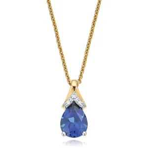 9ct Two Tone Gold Pear & Round Brilliant Cut Created Blue Sapphire & Diamond Set Pendant