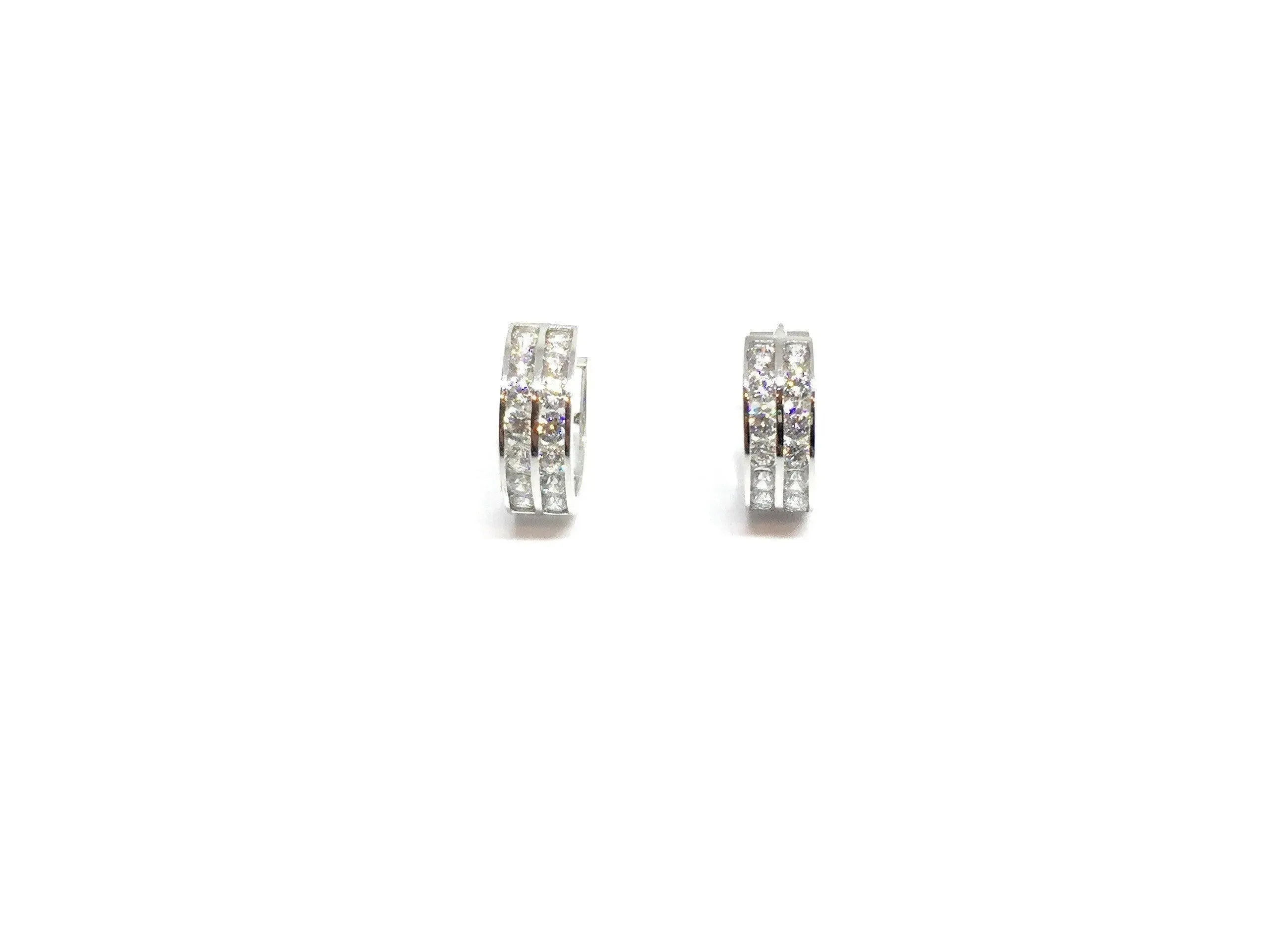 ADIRFINE 10K Solid Gold Two Row Round Cubic Zirconia Huggie Hoop Earrings