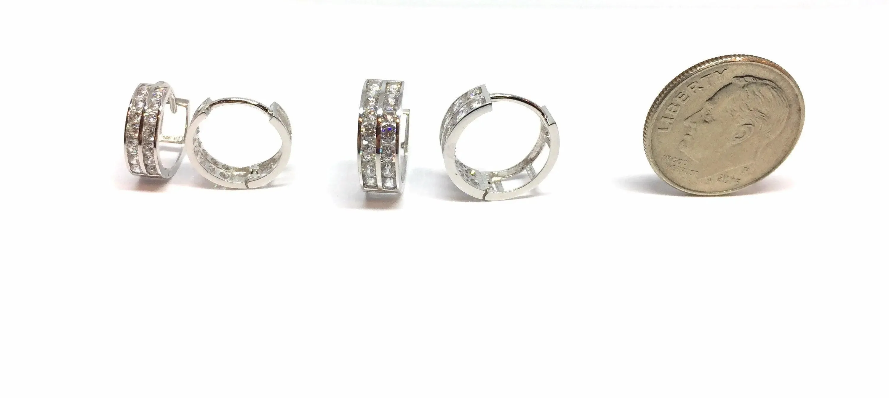 ADIRFINE 10K Solid Gold Two Row Round Cubic Zirconia Huggie Hoop Earrings