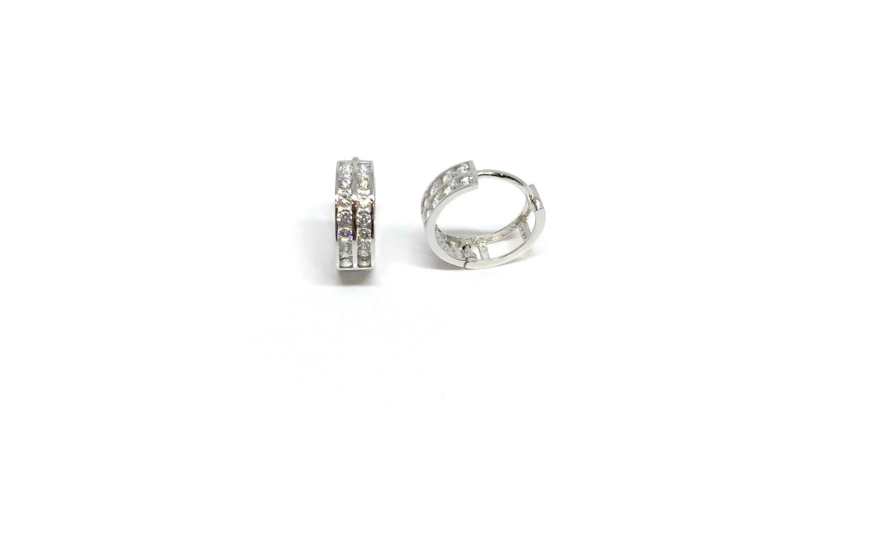 ADIRFINE 10K Solid Gold Two Row Round Cubic Zirconia Huggie Hoop Earrings