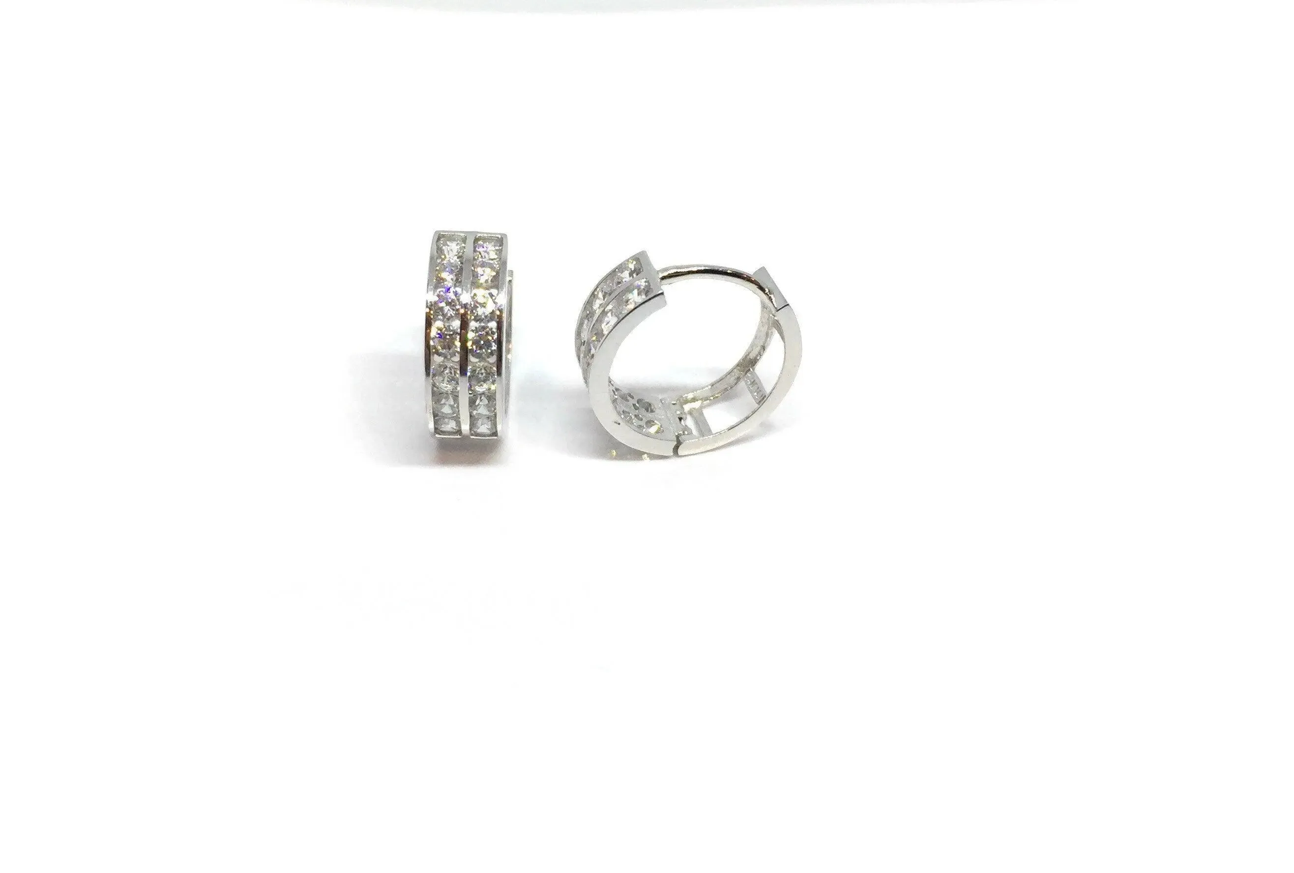 ADIRFINE 10K Solid Gold Two Row Round Cubic Zirconia Huggie Hoop Earrings