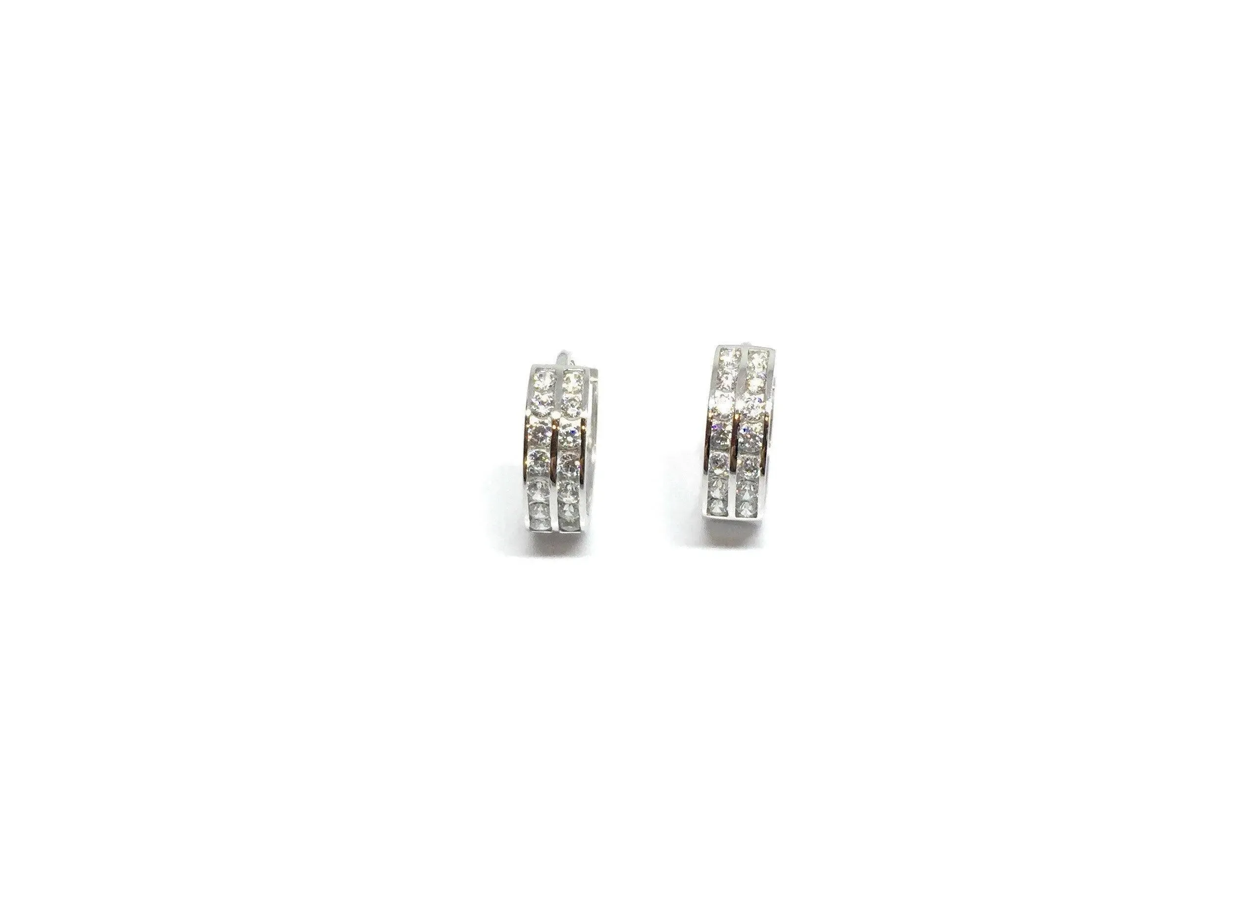 ADIRFINE 10K Solid Gold Two Row Round Cubic Zirconia Huggie Hoop Earrings
