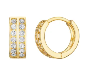 ADIRFINE 10K Solid Gold Two Row Round Cubic Zirconia Huggie Hoop Earrings