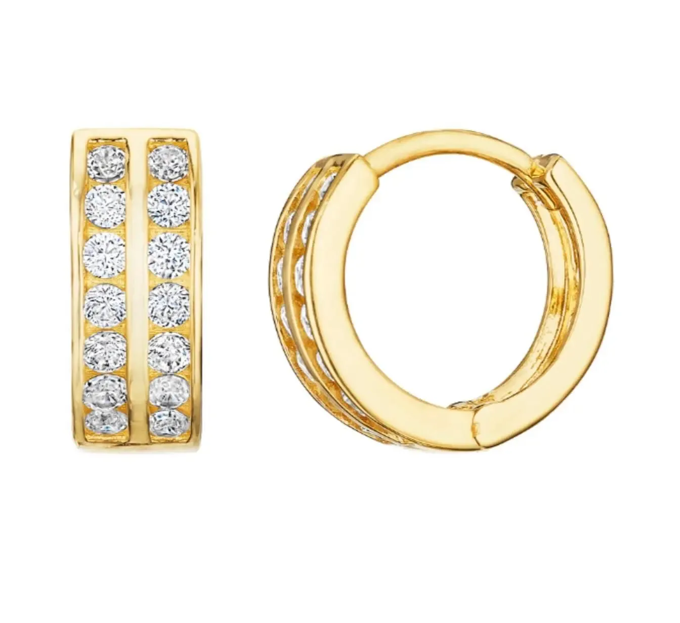 ADIRFINE 10K Solid Gold Two Row Round Cubic Zirconia Huggie Hoop Earrings