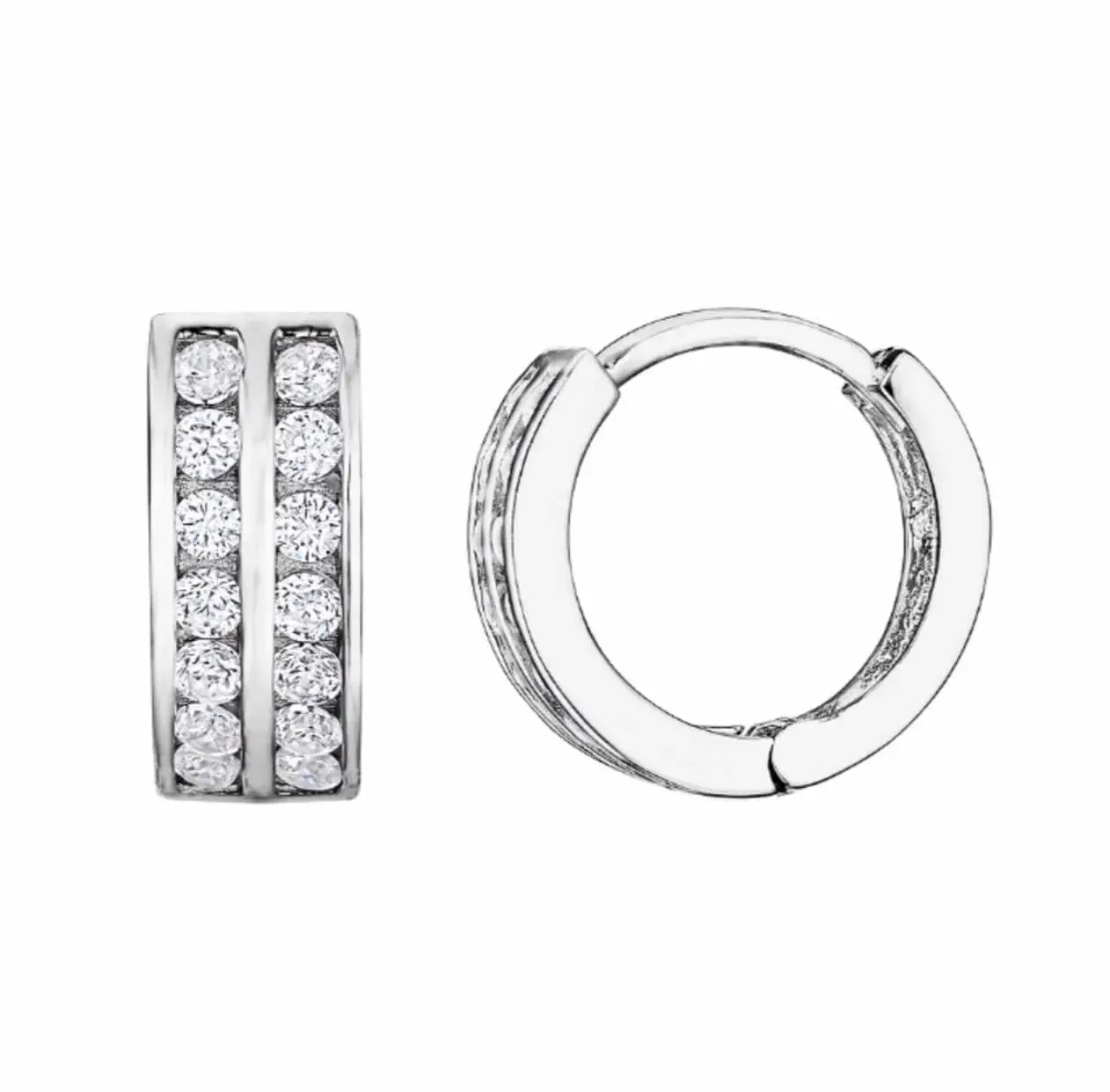 ADIRFINE 10K Solid Gold Two Row Round Cubic Zirconia Huggie Hoop Earrings
