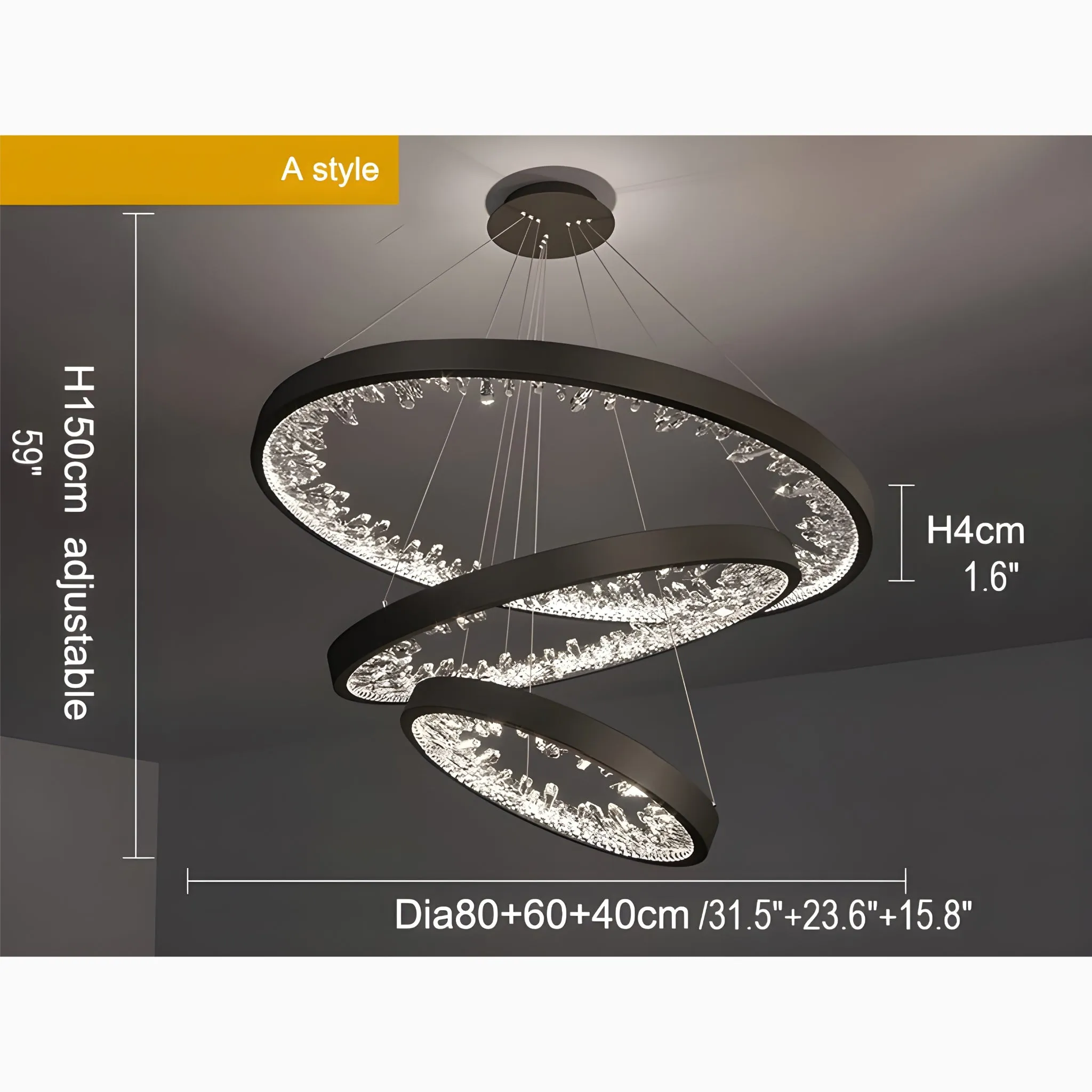 Altidona | Black Rings Modern Crystal Creative Luxury Hanging Led Chandelier