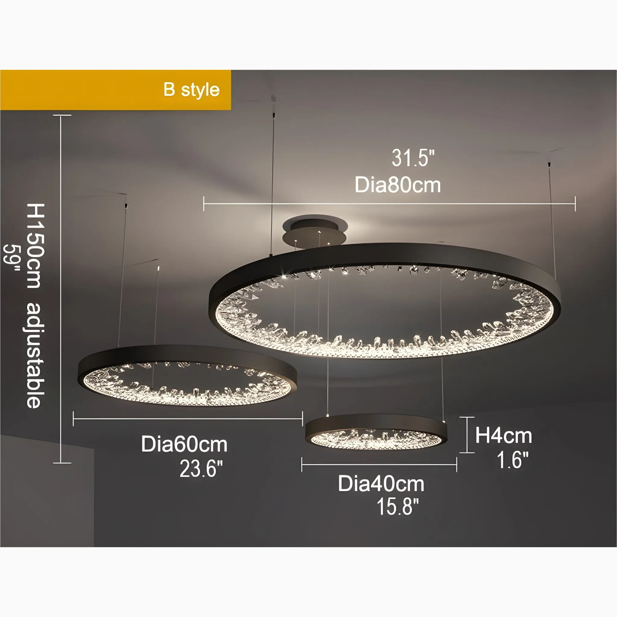 Altidona | Black Rings Modern Crystal Creative Luxury Hanging Led Chandelier