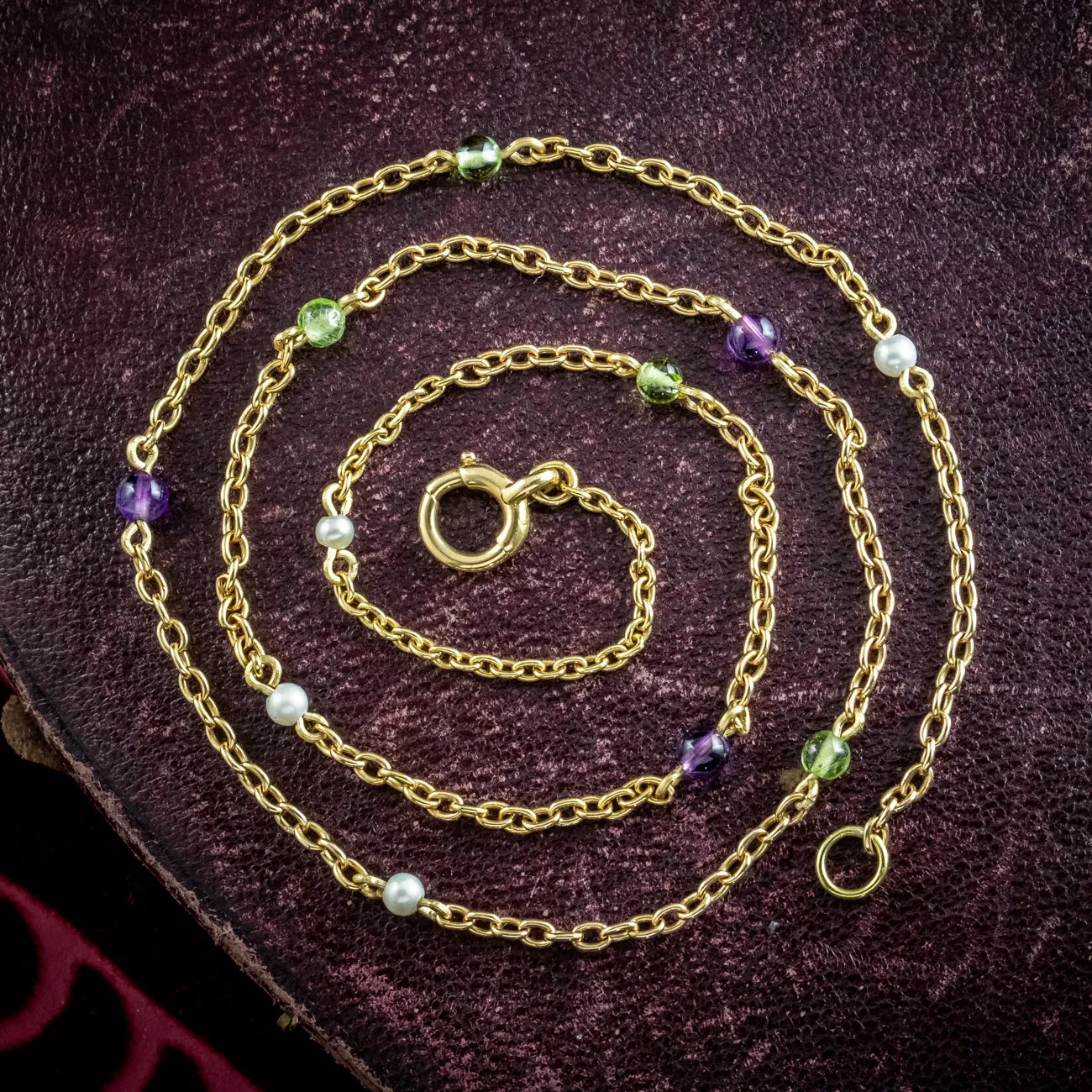 Antique Edwardian Suffragette Chain 15ct Gold Amethyst Peridot Pearl