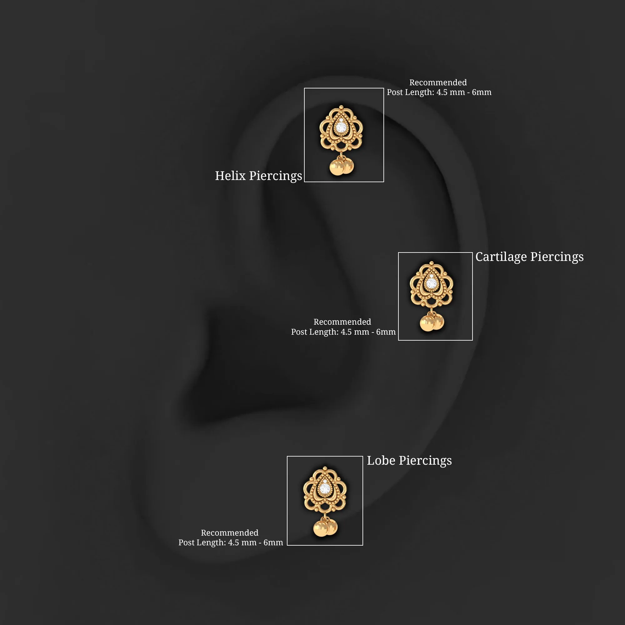 Antique Moissanite and Gold Drop Earring for Cartilage Piercing