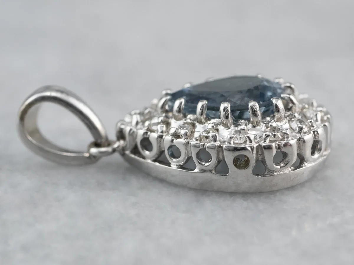 Aquamarine Diamond Halo White Gold Pendant